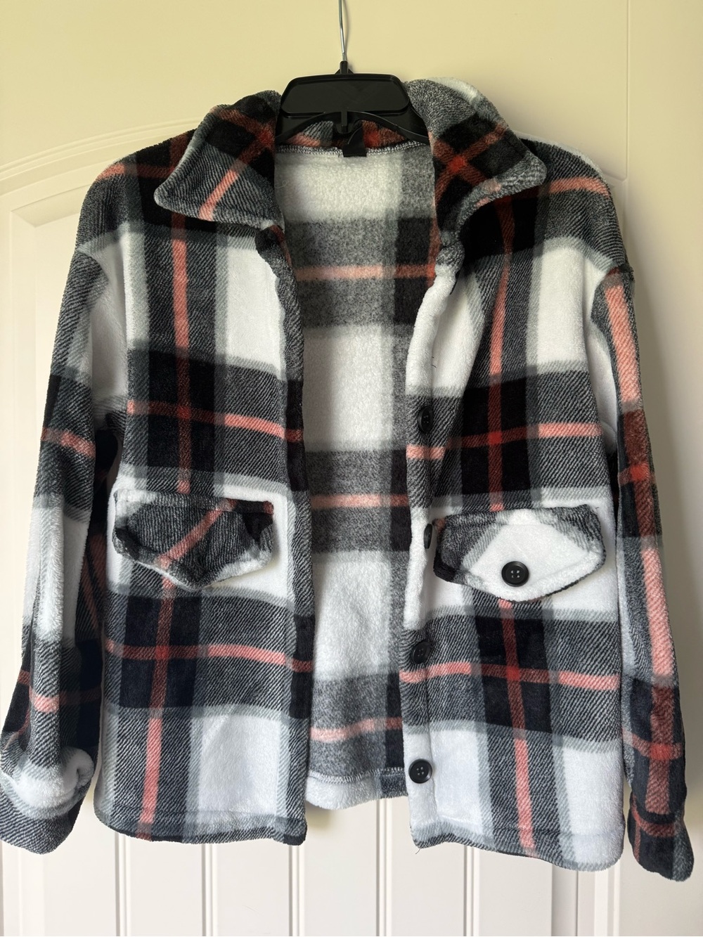 Cozy Plaid Shacket Jacket in White, Black & Dusty Pink